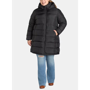 BCBG Paris Womens Long Hooded‎ Puffer Coat Black Size 2X